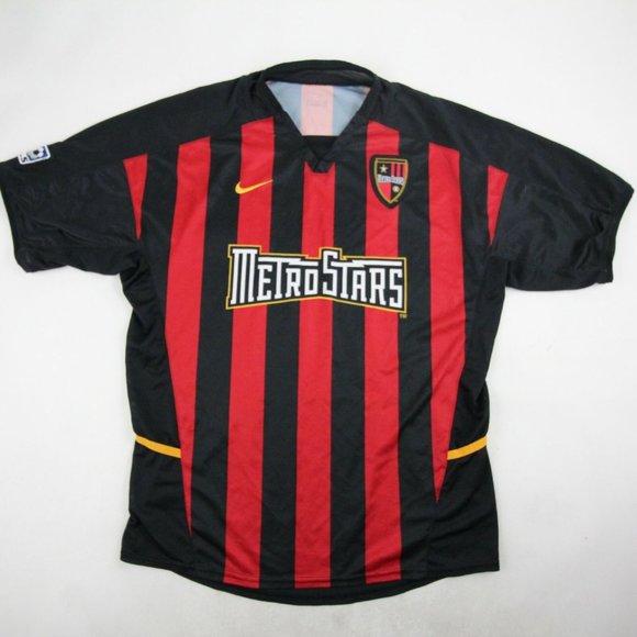 red and black striped soccer jersey